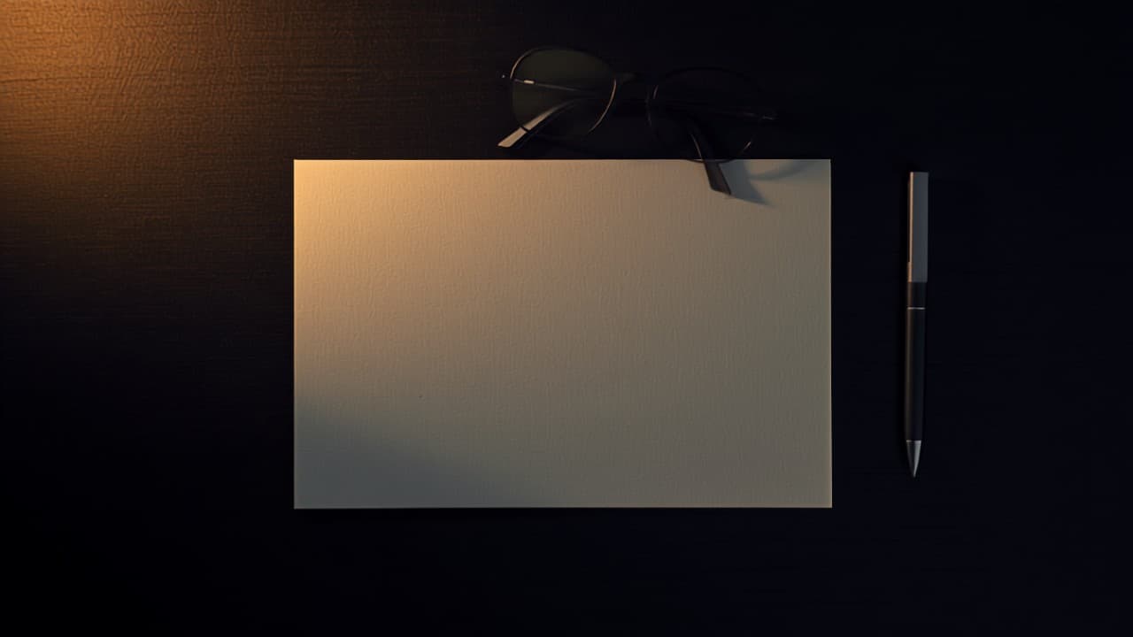 An overhead view of a blank sheet and pen on a dark desk
