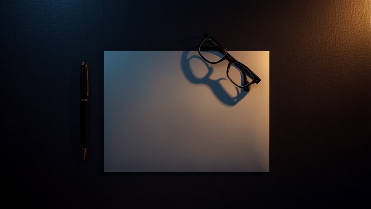 A dark desk at night with paperwork and reading glasses