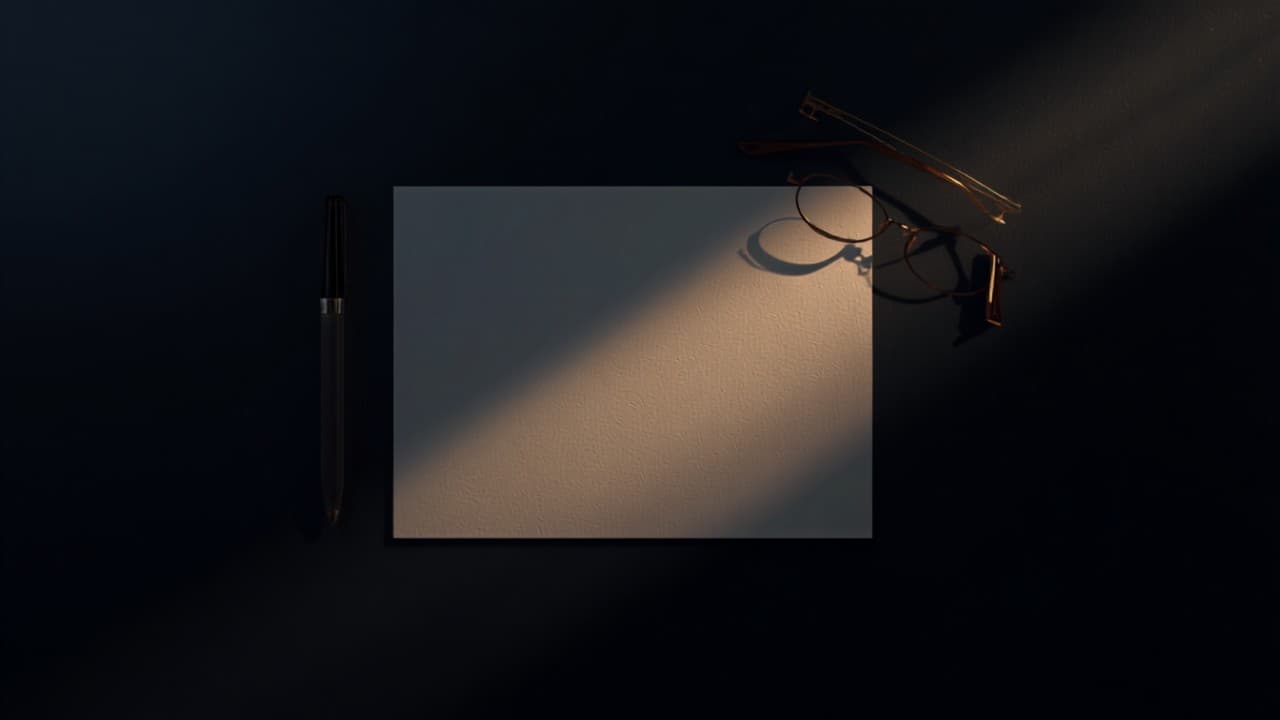 A shaft of warm light falling across a dark desk and paperwork