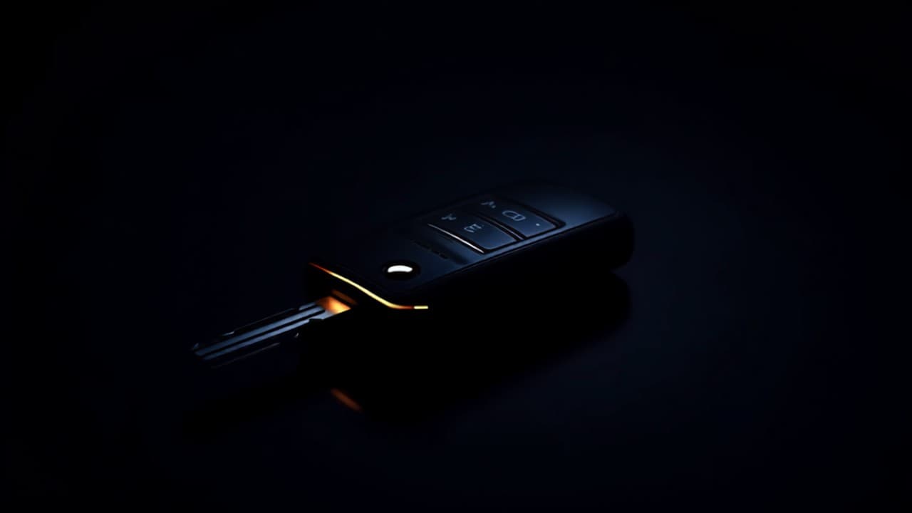 A car key fob resting on a dark polished surface