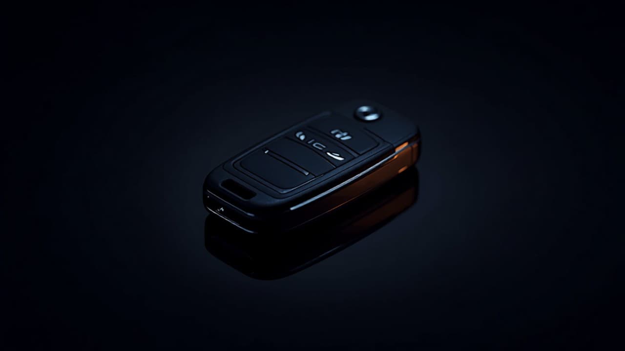 A car key fob lit from one side against deep shadow