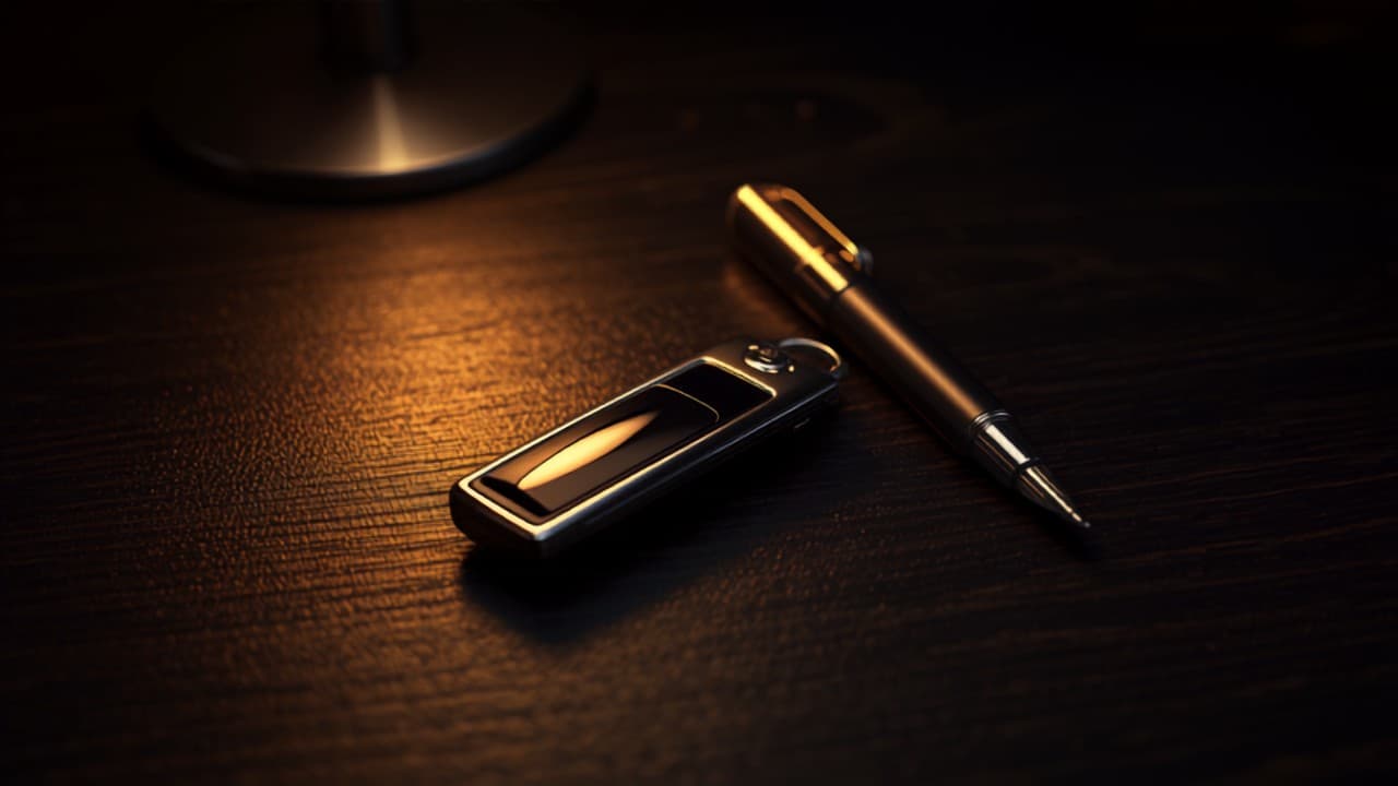 A car key fob and a pen on a dark desk under a warm lamp