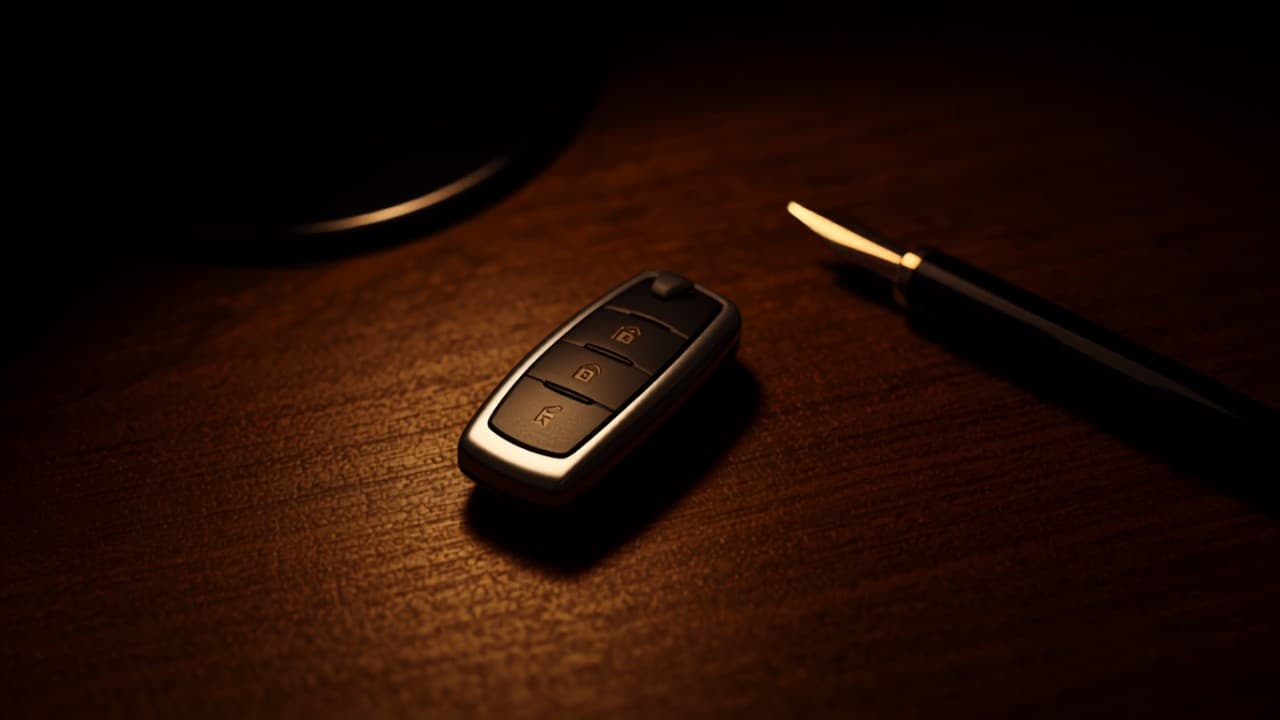 A car key and fountain pen side by side on dark wood
