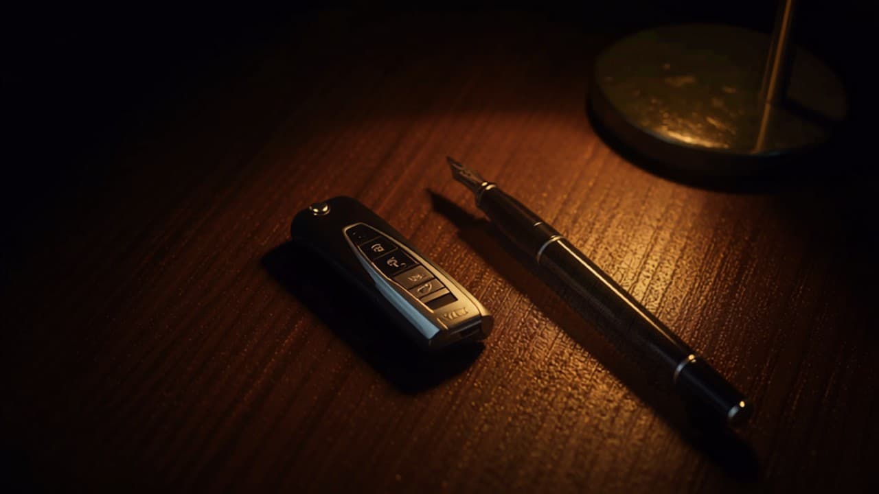 A car key and pen on a desk beside a warm lamp base