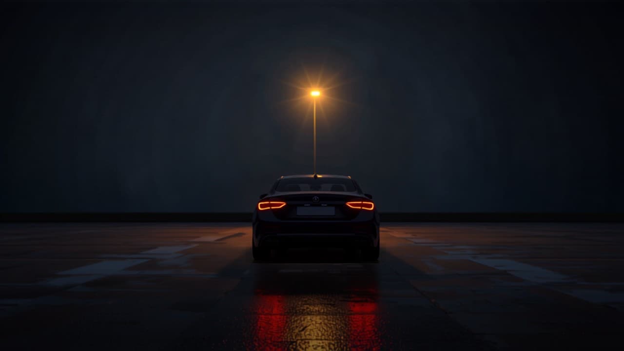 A car parked alone under a single amber street light at night