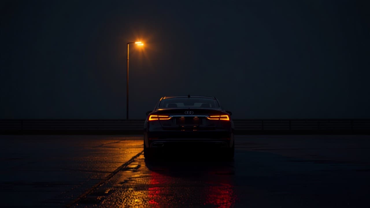 A car on wet asphalt at night under a distant street light