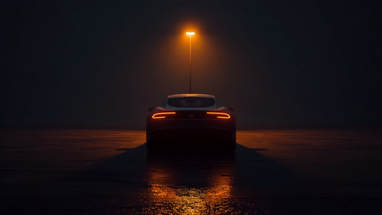 A car on a wet surface at night, amber light reflecting below