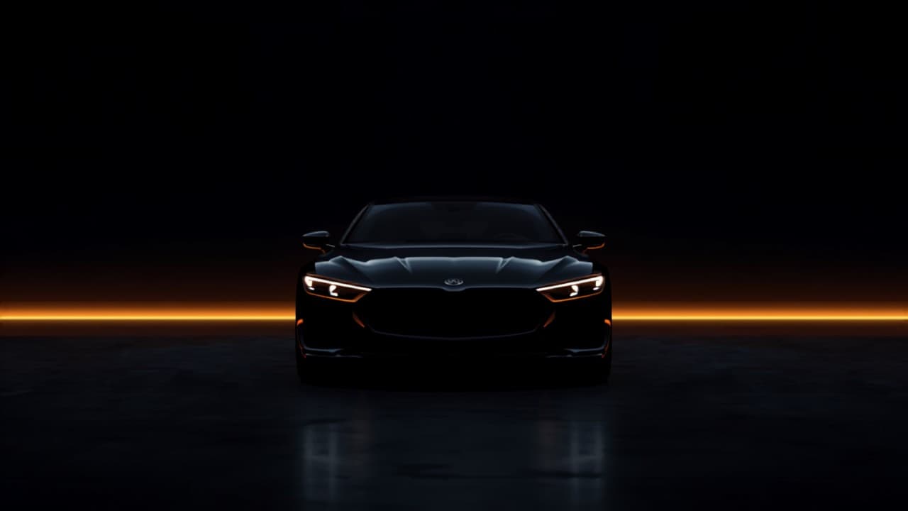 A car seen head on at night above a thin amber horizon line