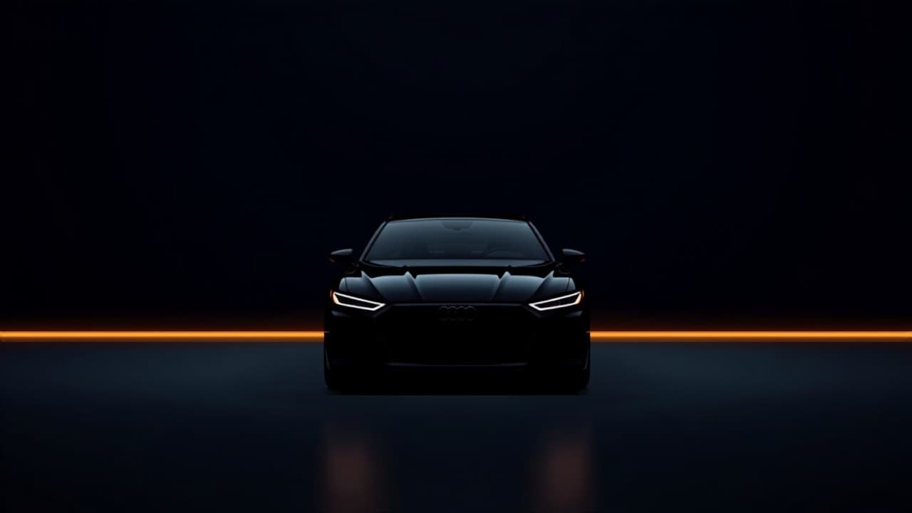 A car viewed head on at night above a low amber light line