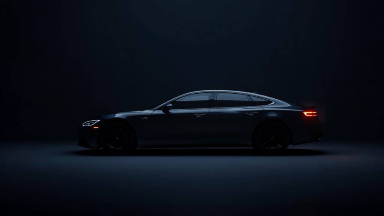 A dark sedan photographed side on against a deep navy background