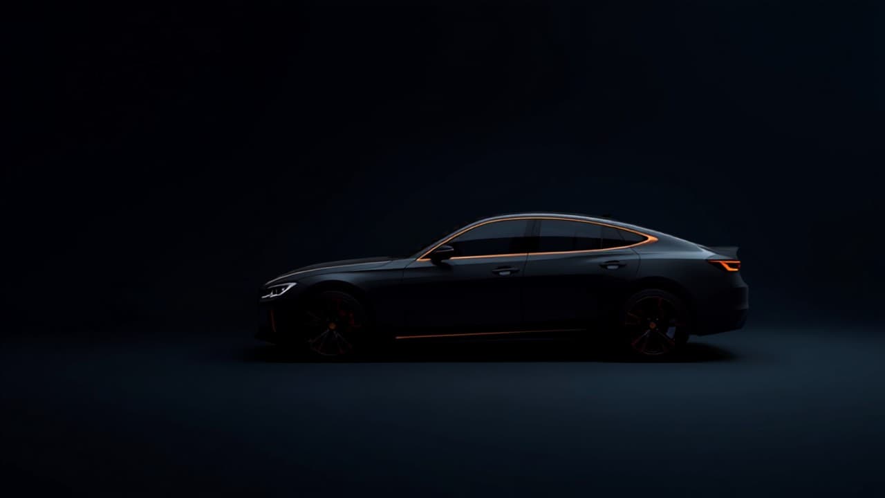 A modern sedan in a dark studio, lit by a warm amber rim light