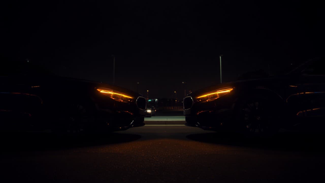 Two cars facing the camera in a dark lot, headlights lit