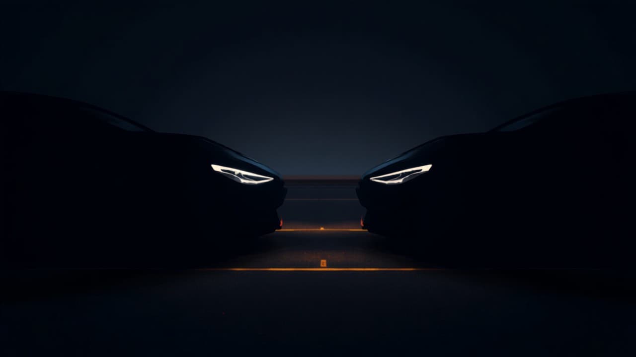 Two cars nose to nose in darkness with an amber strip between them