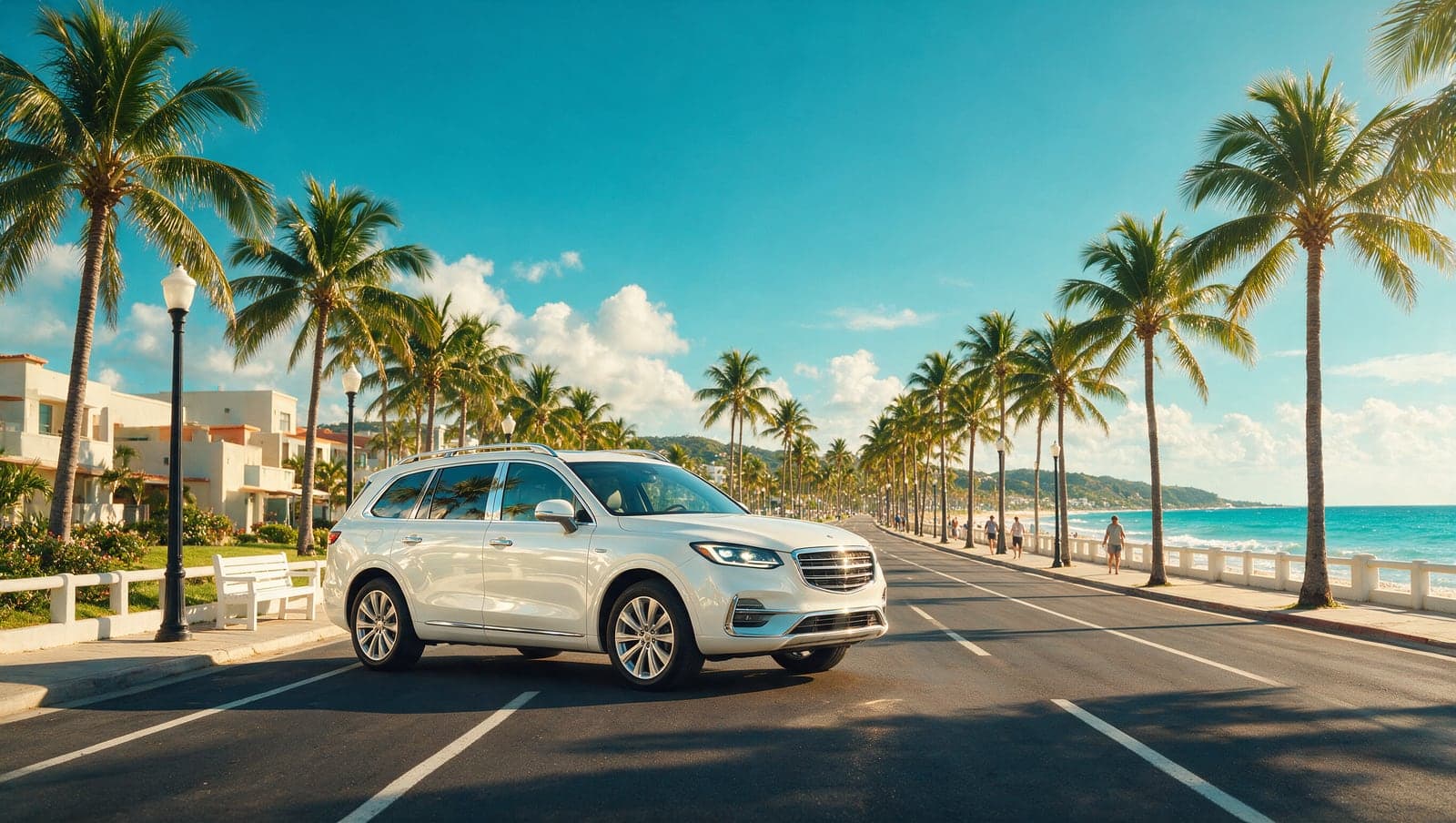 A new SUV on a sunny beachfront boulevard