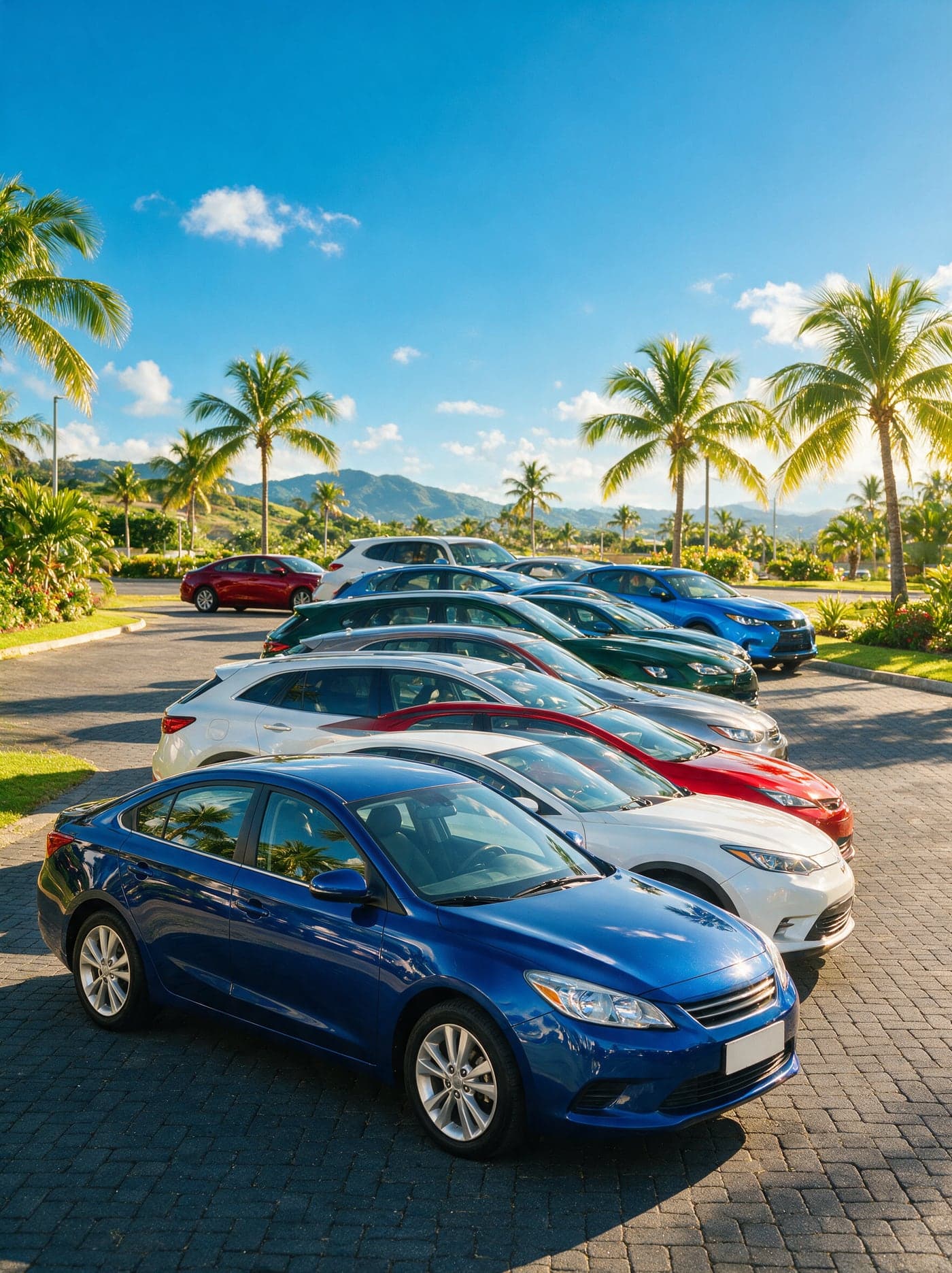 A row of new cars on a sunny palm lined lot