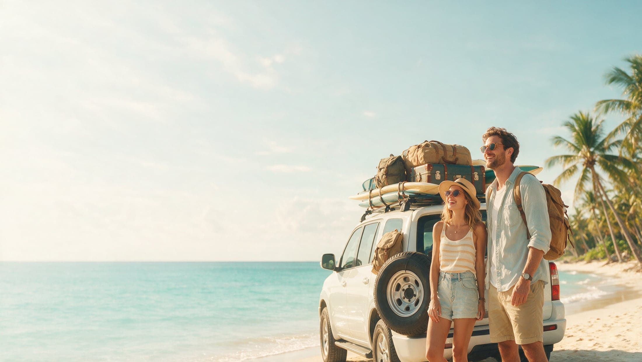 A couple beside their new SUV packed for a road trip