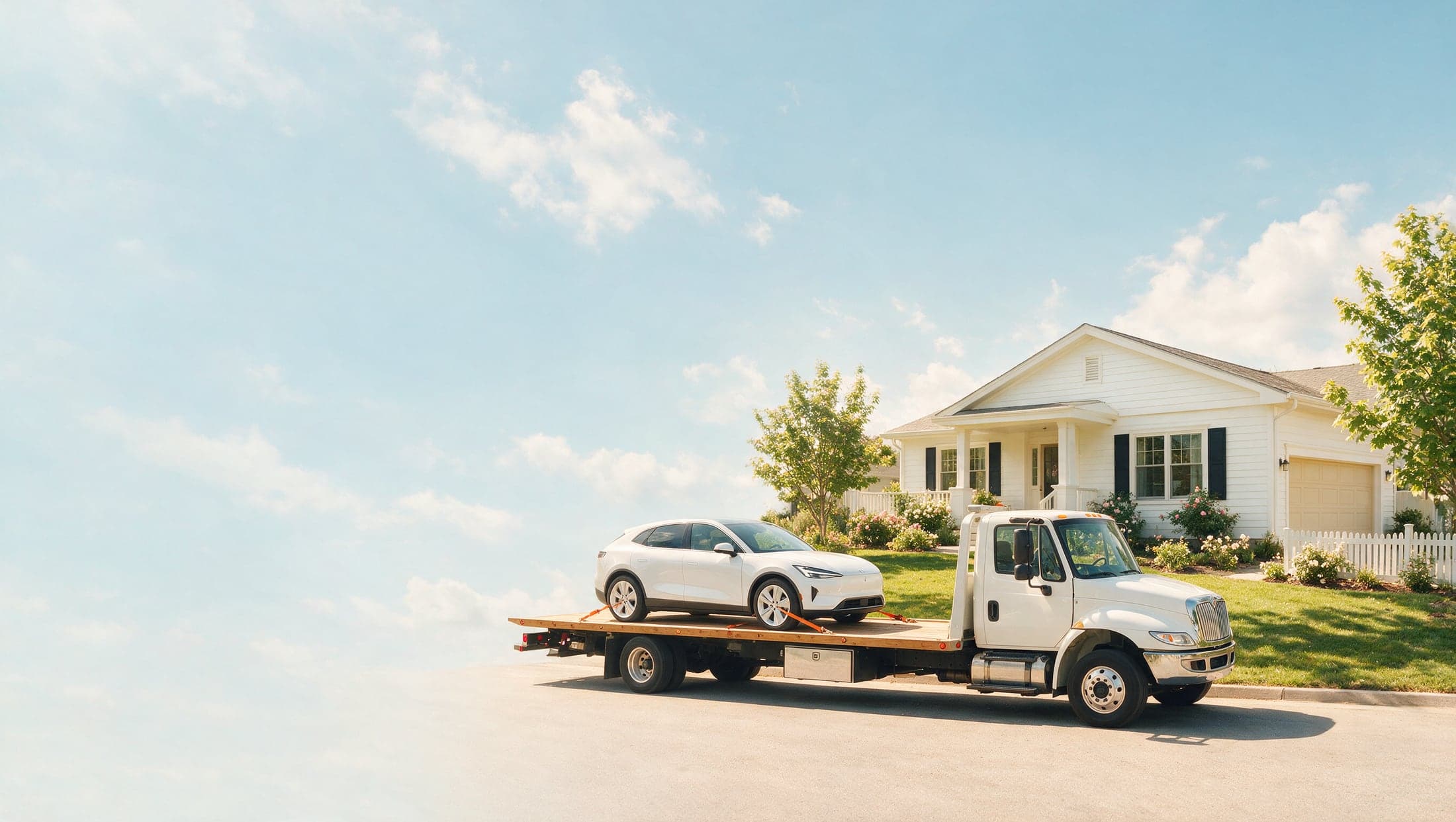 A new car being delivered to a home driveway